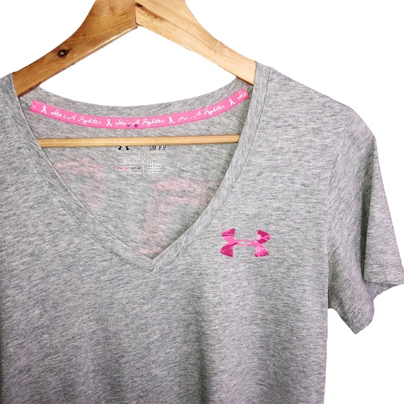 Under Armor Breast Cancer Awareness V Neck Fitted Short Sleeve Heathered T Shirt - Picture 3 of 7